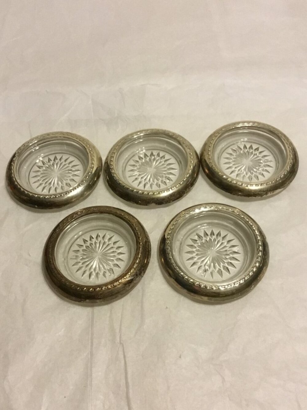 Set of 5 vintage sterling silver glass coasters